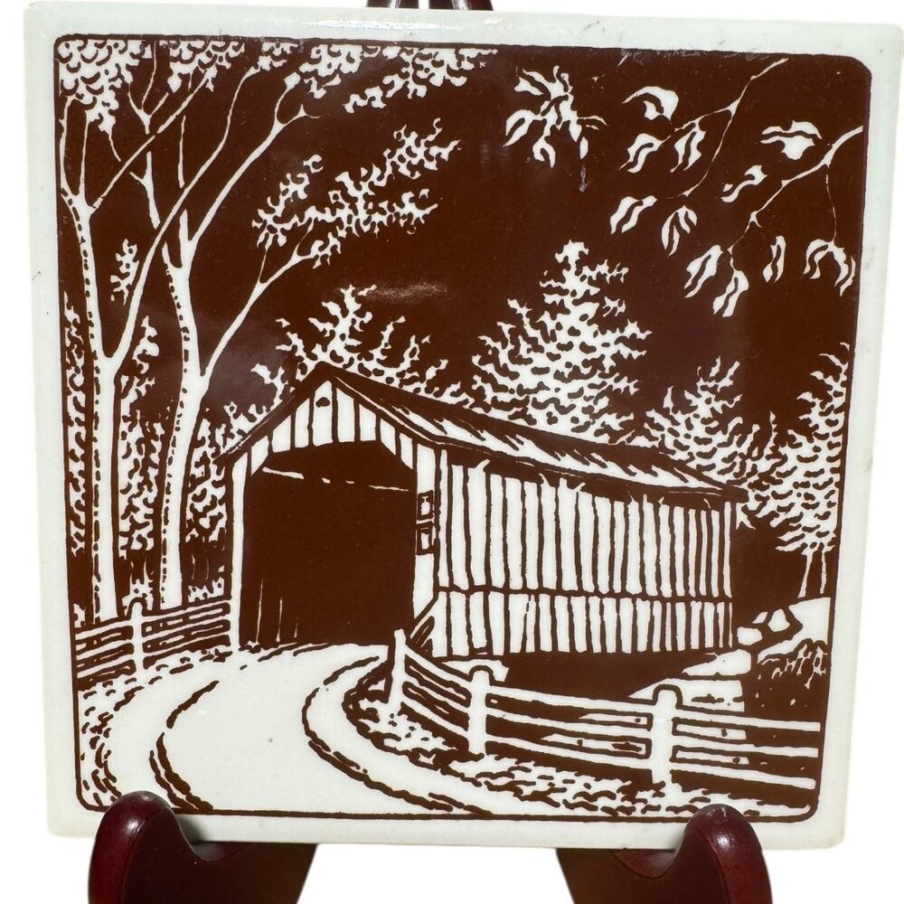 Vintage Ceramic Trivet With Brown White Covered Bridge Design Woods Outside Art
